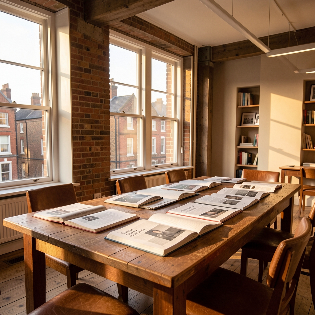 Two editors reviewing papers at a large wooden desk in a sunlit editorial office, bookshelves lining the walls behind them