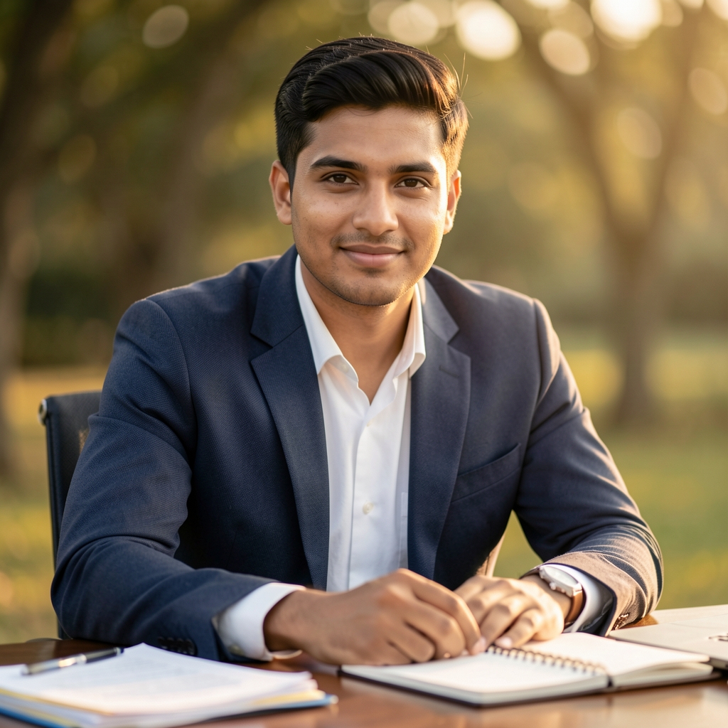 Editorial portrait of Tobias Ashcroft seated at a desk with papers and a notebook, warm studio lighting, relaxed posture