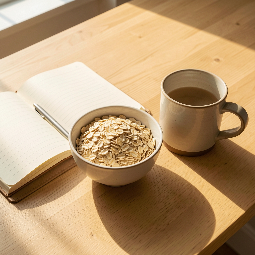 Notebook open beside a bowl of oats and a ceramic mug on a clean wooden desk, warm morning light casting soft shadows — representing mindful morning food ritual
