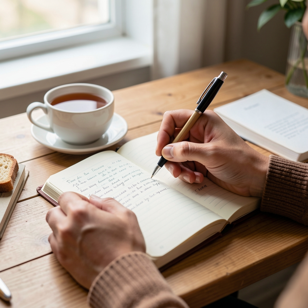 Close-up of hands writing in a journal at a desk with natural light, a cup of tea nearby — representing the practice of recording food thoughts and self-reflection