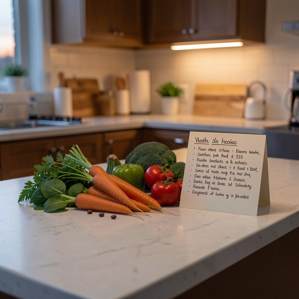 A quiet kitchen counter at dusk with a small arrangement of vegetables and a handwritten recipe card, soft ambient lighting — evoking intentional food preparation