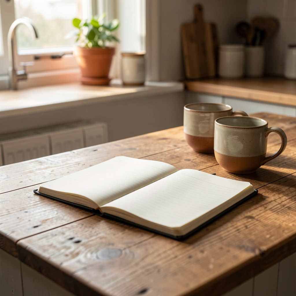 Quiet morning kitchen scene with a notebook, warm ceramics, and soft light on a wooden surface — conveying a reflective daily food routine