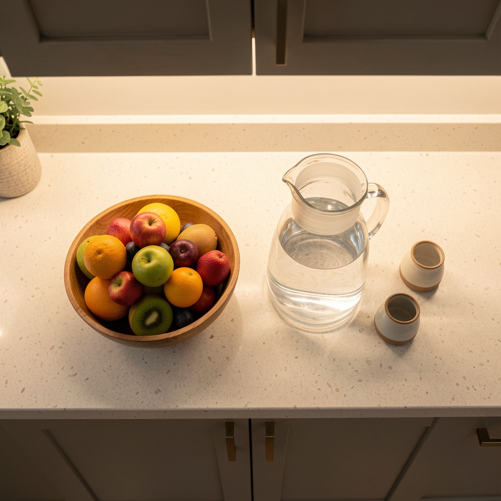 Overhead view of a neatly arranged kitchen counter with a wooden bowl of fruit, a glass jug of water, and small ceramic containers under warm overhead lighting