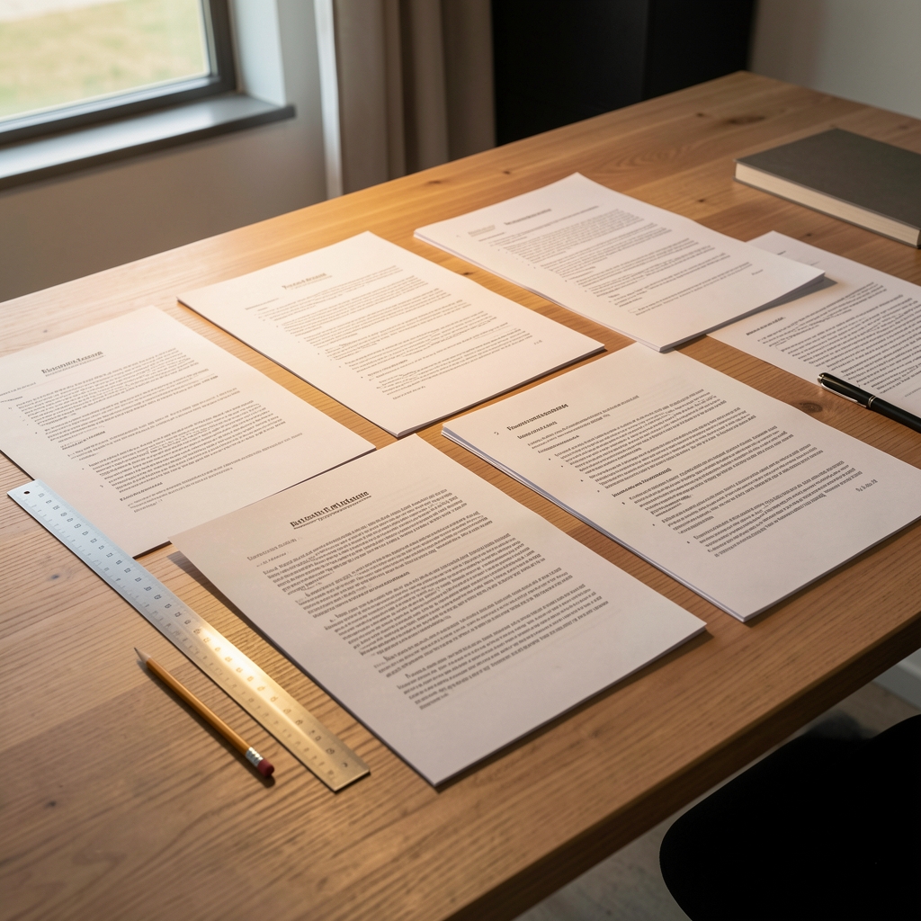 Research papers and annotated journal articles spread across a large wooden desk with a ruler and pencil, under controlled warm lighting in a clean workspace