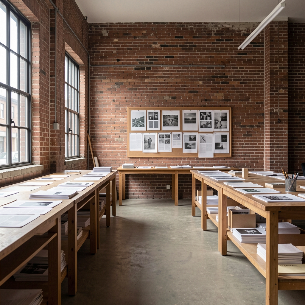 Wide view of an editorial studio with exposed brick walls, long work tables, printed pages pinned to a board, natural light from tall windows