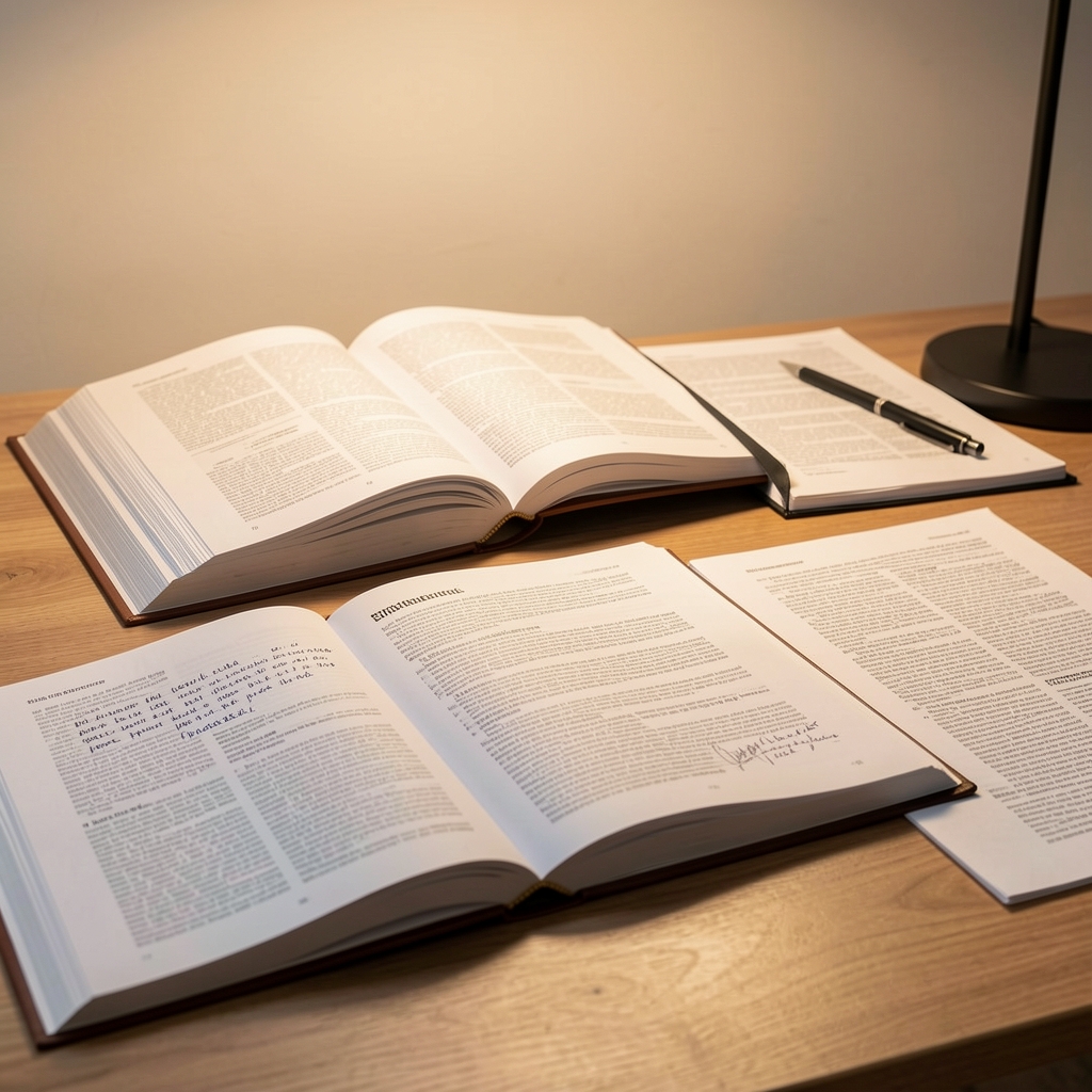 Close-up of open research books and annotated printed articles spread across a wooden desk in a clean workspace with warm overhead light