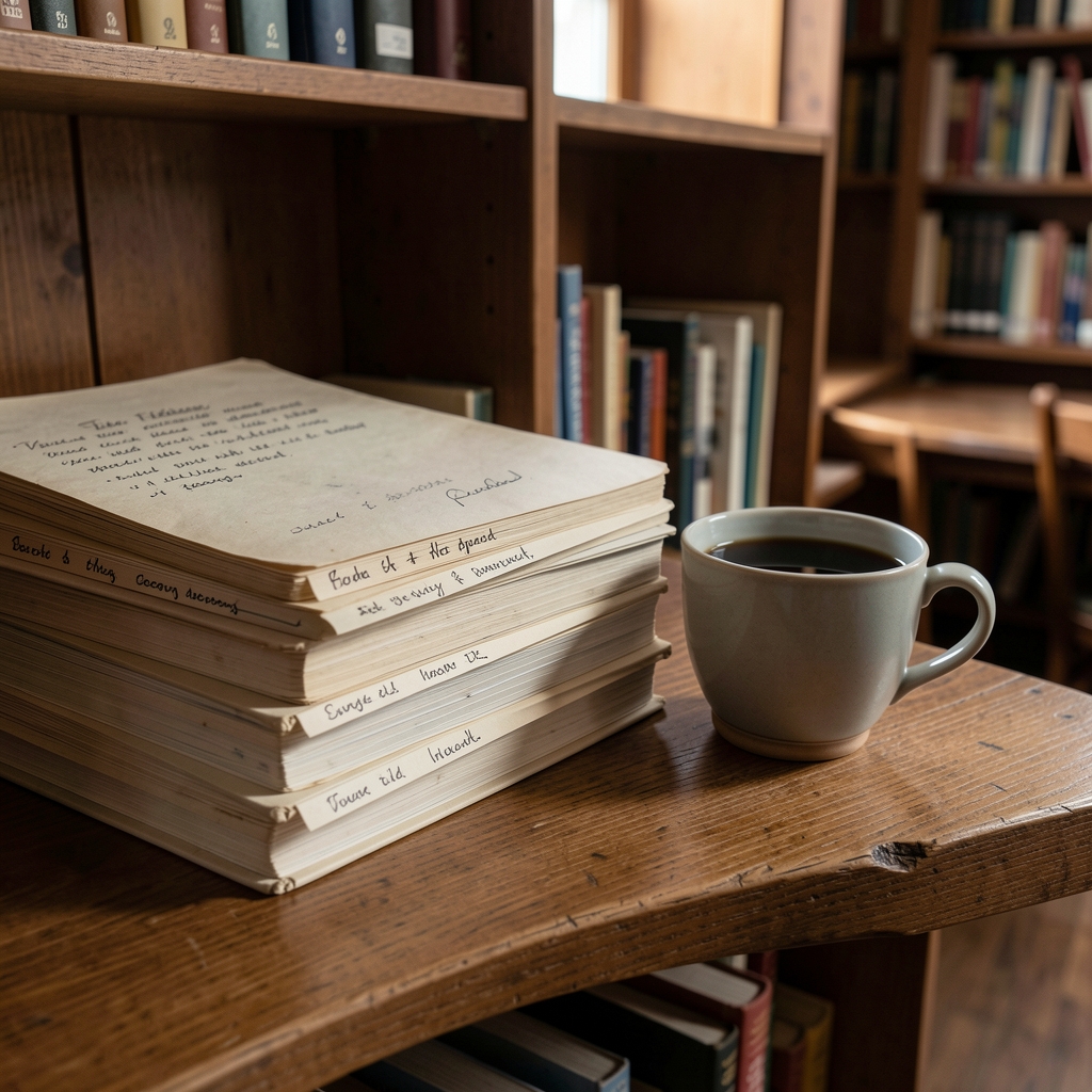 Stack of field notebooks with handwritten labels on a shelf beside a cup of black coffee in a quiet reading room